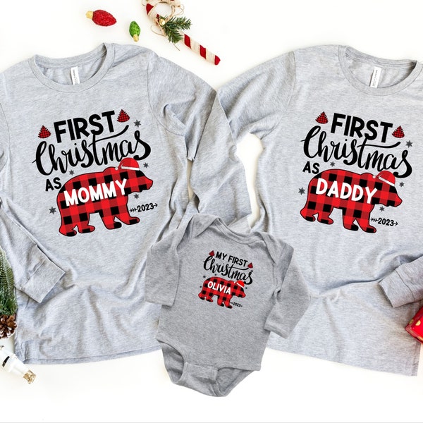 Personalized First Christmas Family Long Sleeve Shirts, Buffalo Plaid Bear Matching Mommy Daddy Tee, Baby First Christmas long sleeve