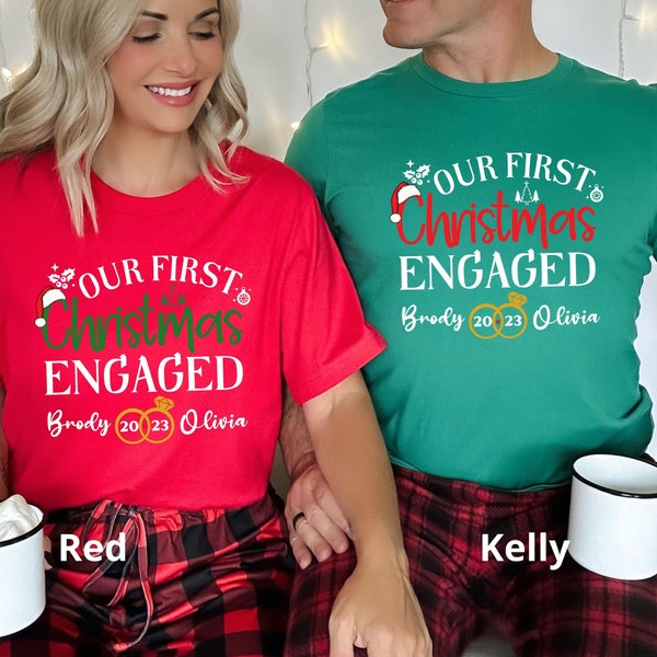 Personalized Our First Christmas Engaged Shirt, New Engaged Couple Shirt, Christmas Gift For Newly Engaged Couple, Couple Engagement Gift