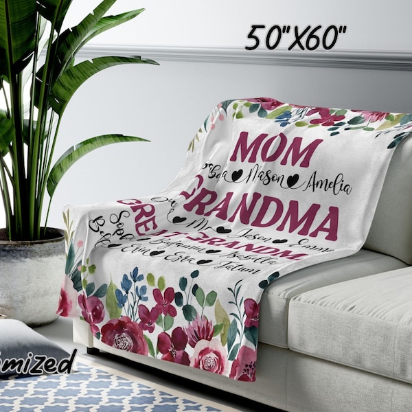 Personalized Mom Grandma Great Grandma Velveteen Plush Blanket, Great Grandma Blanket, Gift for Grandma, Custom Grandma Floral Blanket