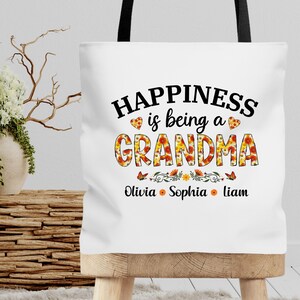 Happiness is being a Grandma Tote Bag, Personalized Grandma Tote with Grandkids Name, Grandma Floral Tote, New Grandma Tote Mothers Day Gift