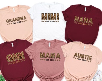 Custom Leopard Pregnancy Announcement Shirt, Leopard Grandma Est Shirt, Gigi Shirt, Auntie Shirt, Nana Tee, Gift For Grandma, Baby Reveal