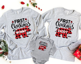 Personalized First Christmas Family Long Sleeve Shirts, Buffalo Plaid Bear Matching Mommy Daddy Tee, Baby First Christmas long sleeve