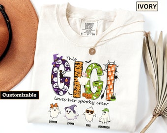 Comfort Colors® Personalized Halloween Gigi Shirt with Grandkids name, Spooky Gigi, Custom Grandma Halloween Shirt, Halloween Gift for Gigi