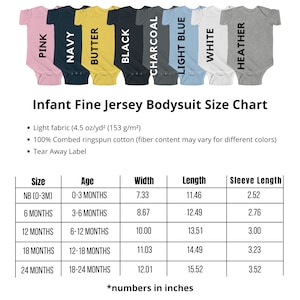 May include: Size chart for infant fine jersey bodysuits in various colours, including pink, navy, butter yellow, black, charcoal, light blue, white, and heather. The chart lists sizes from newborn to 24 months, with corresponding age ranges, width, length, and sleeve length measurements in inches.