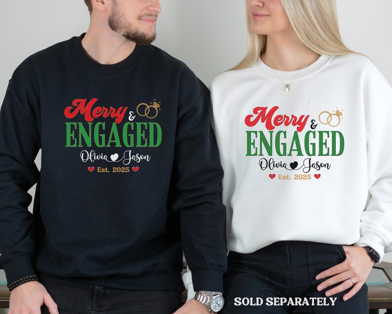 Personalized Merry and Engaged Sweatshirt, New Engaged Christmas sweatshirt, Christmas Gift For Newly Engaged Couple, Gift For Fiancee image 6