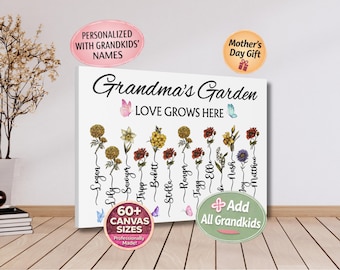 Personalized Grandma’s Garden Canvas, Custom Birth Flower Art with Grandkids' Names, Mother's Day Gift, Nana’s Garden Wall Decor