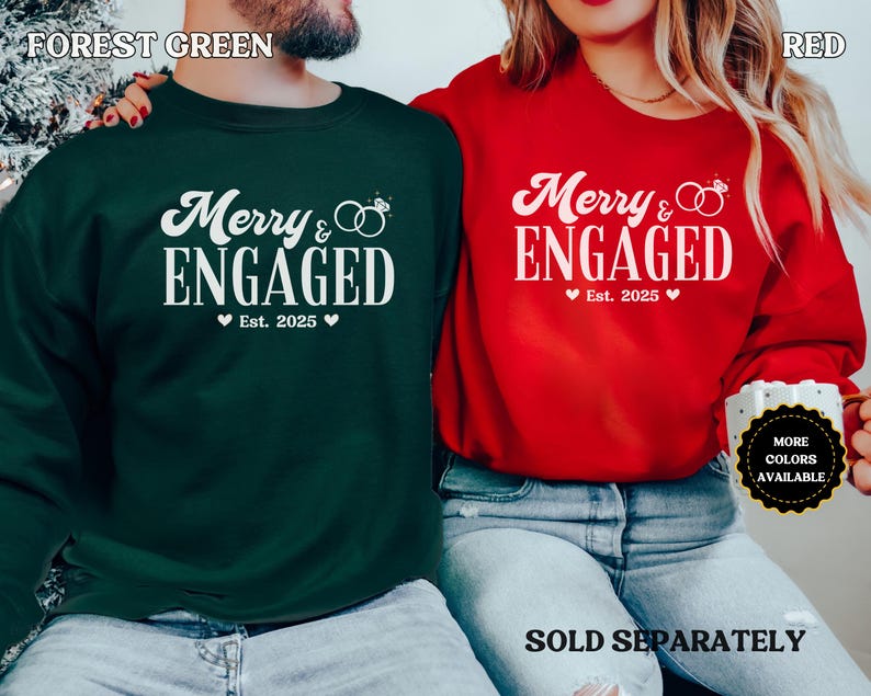 Personalized Merry and Engaged Sweatshirt, New Engaged Christmas sweatshirt, Christmas Gift For Newly Engaged Couple, Gift For Fiancee image 2