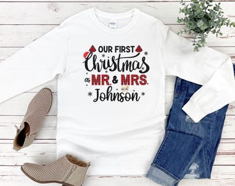 Personalized Our First Christmas as Mr and Mrs Long Sleeve Shirt, 2025 Married Couple Shirt, Christmas Gift For Newly Married Couple