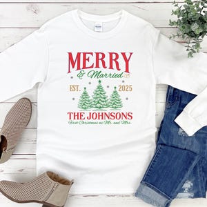 Personalized Merry and Married Shirt, Newly Married Couple Christmas Matching Long sleeve Shirt, First Christmas Gift for Married Couple image 6