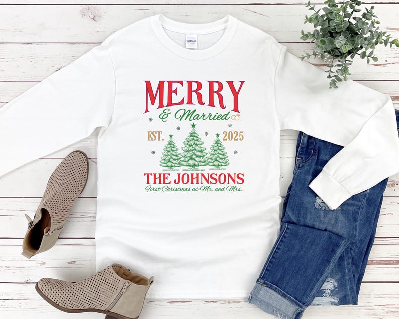 Personalized Merry and Married Shirt, Newly Married Couple Christmas Matching Long sleeve Shirt, First Christmas Gift for Married Couple image 6