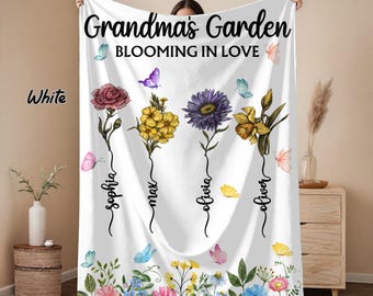 Personalized Grandma's Garden Velveteen Plush Blanket, Custom Grandma Birth Flower Grandkids name Blanket, Mothers Day Gift For Grandma