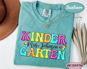 Comfort Colors® Personalized Kindergarten Teacher Shirt, Retro Back to School Kindergarten Teacher Team Shirt, Gift For Kindergarten Teacher