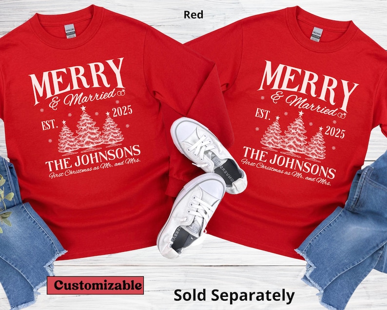 Personalized Merry and Married Shirt, Newly Married Couple Christmas Matching Long sleeve Shirt, First Christmas Gift for Married Couple image 4