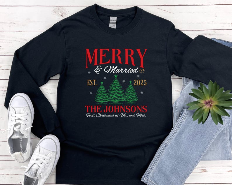 Personalized Merry and Married Shirt, Newly Married Couple Christmas Matching Long sleeve Shirt, First Christmas Gift for Married Couple image 5
