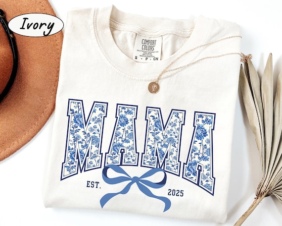 Comfort Colors® Coquette Bow Mama Shirt, Blue Toile Mama Shirt, Mother's Day Gift for Mama, New Mom Shirt, Chinoiserie Mama Bow Shirt