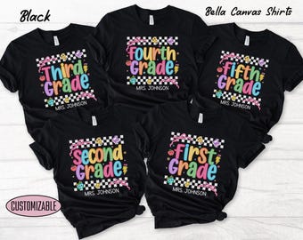 Custom Grade Teacher Name Shirt, Personalized First Grade 2nd 3rd 4th 5th Grade Kindergarten Team Retro Back to School Shirt, Pre K Teacher