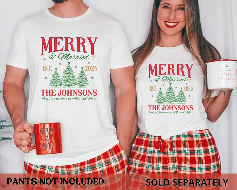 Personalized Merry and Married Shirt, Newly Married Couple Christmas Matching Long sleeve Shirt, First Christmas Gift for Married Couple image 3