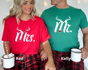 Mr. And Mrs. Reindeer Couple Christmas Shirts, Newly Married Christmas Long Sleeve Shirts, Husband Wife Matching Christmas Shirts