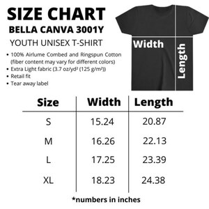 May include: Size chart for a youth unisex t-shirt, showing width and length measurements in inches for sizes S, M, L, and XL. The chart is titled "Bella Canva 3001Y Youth Unisex T-Shirt".