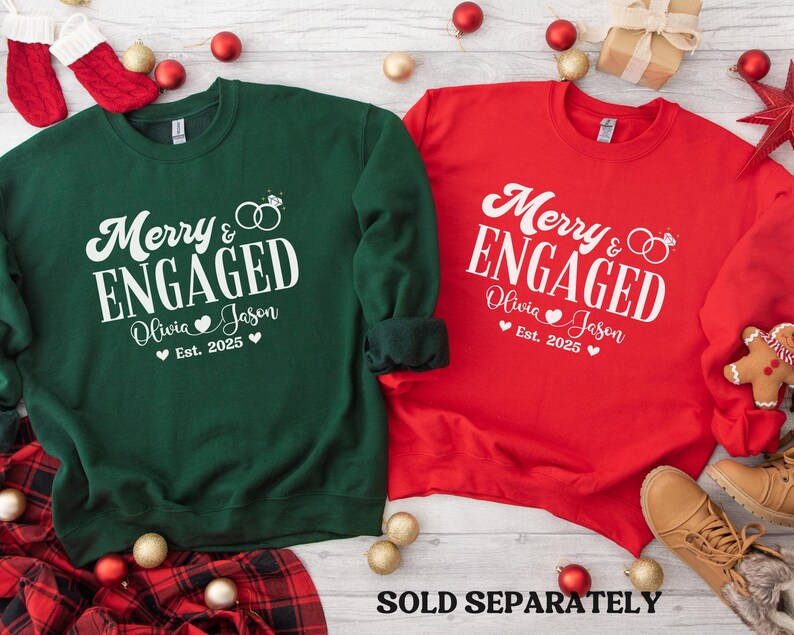 Personalized Merry and Engaged Sweatshirt, New Engaged Christmas sweatshirt, Christmas Gift For Newly Engaged Couple, Gift For Fiancee image 1
