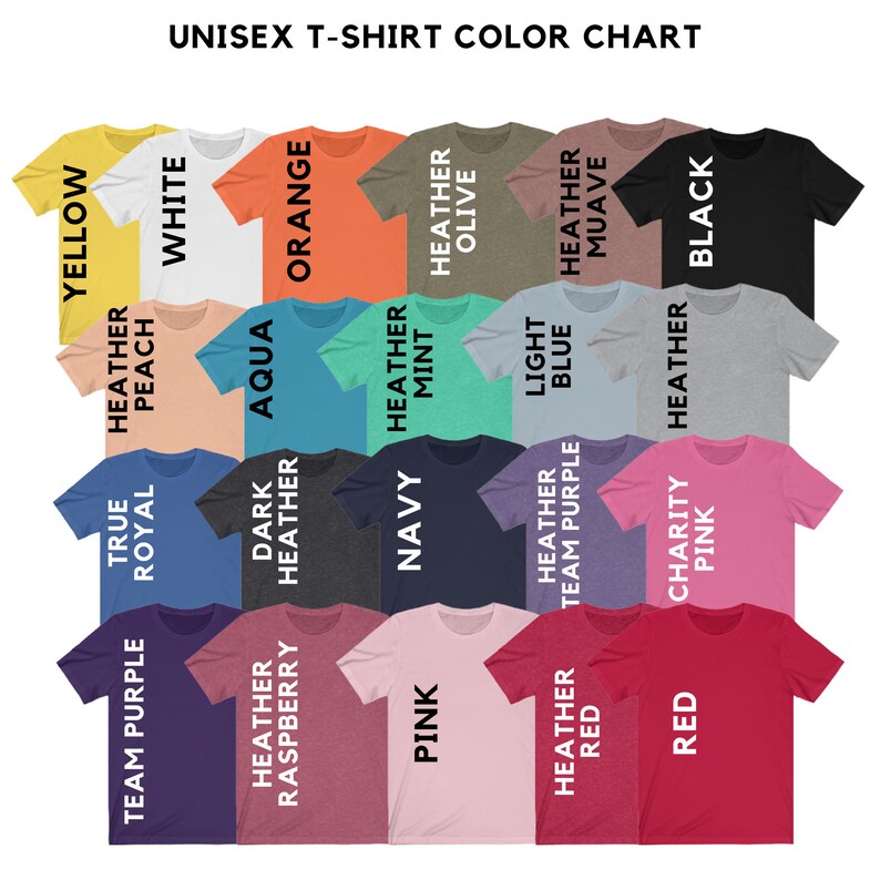 Op de afbeelding: Een kleurenkaart met unisex T-shirts in verschillende kleuren, waaronder geel, wit, oranje, aqua, heide perzik, heide munt, heide olijf, lichtblauw, heide mauve, zwart, koninklijk blauw, donker grijs, marineblauw, roze, team paars, heide framboos, heide rood, liefdadigheid heide roze en rood.