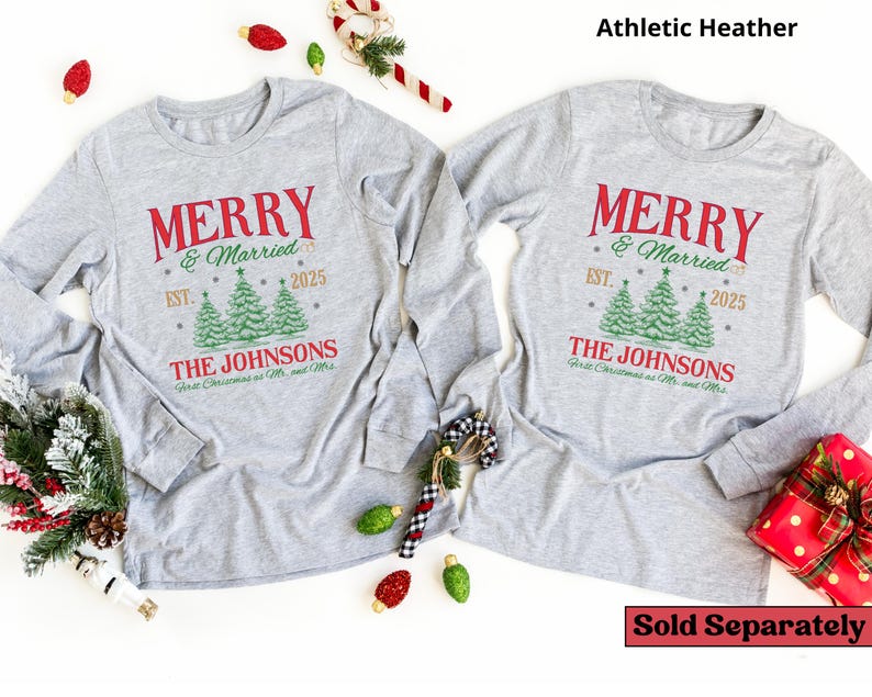Personalized Merry and Married Shirt, Newly Married Couple Christmas Matching Long sleeve Shirt, First Christmas Gift for Married Couple image 7