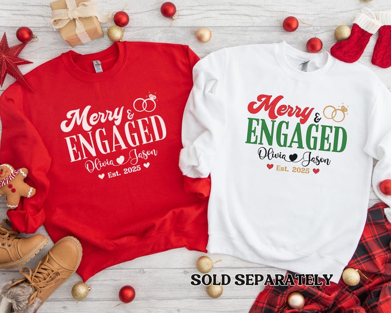 Personalized Merry and Engaged Sweatshirt, New Engaged Christmas sweatshirt, Christmas Gift For Newly Engaged Couple, Gift For Fiancee image 7