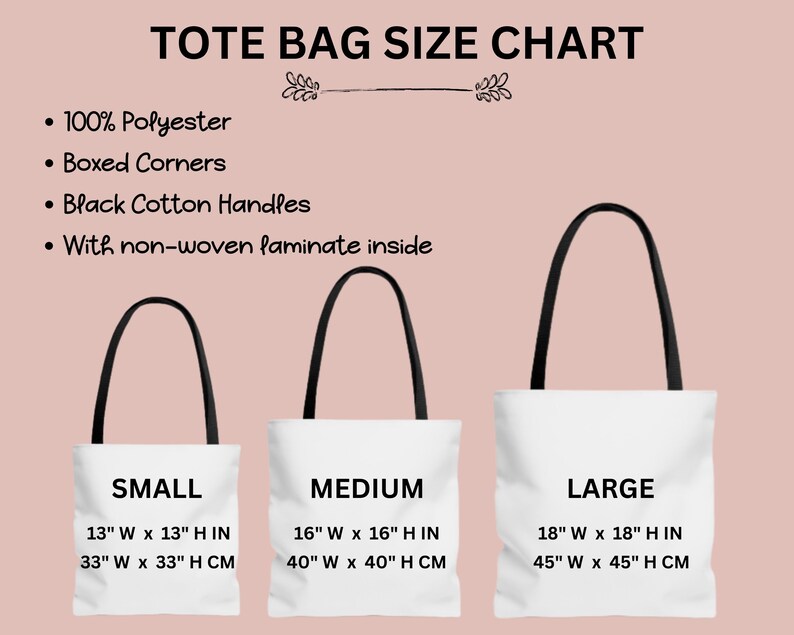K&ouml;nnte beinhalten: Eine Gr&ouml;&szlig;entabelle f&uuml;r Tragetaschen aus 100 % Polyester mit eckigen Ecken, schwarzen Baumwollgriffen und einem nicht gewebten Laminat im Inneren. Die Tabelle zeigt drei Gr&ouml;&szlig;en: klein (13 Zoll x 13 Zoll, 33 cm x 33 cm), mittel (16 Zoll x 16 Zoll, 40 cm x 40 cm) und gro&szlig; (18 Zoll x 18 Zoll, 45 cm x 45 cm).