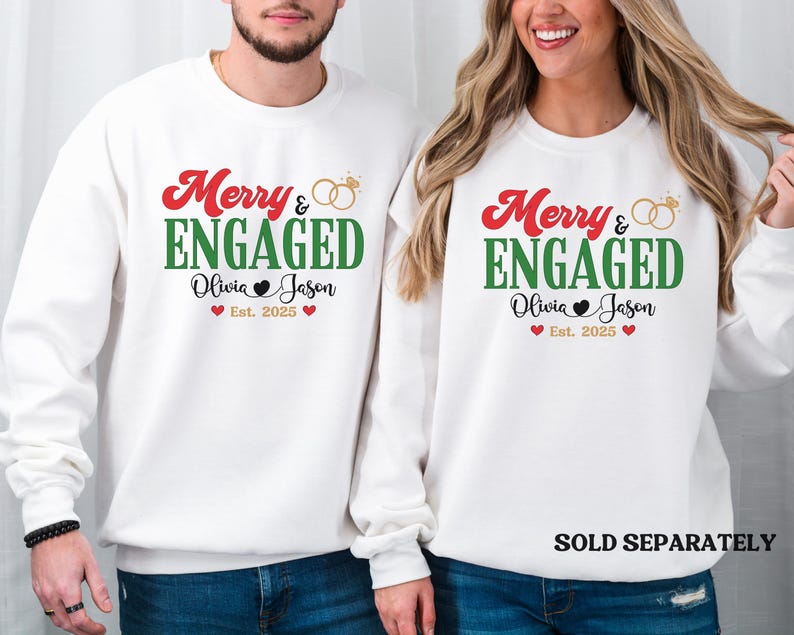 Personalized Merry and Engaged Sweatshirt, New Engaged Christmas sweatshirt, Christmas Gift For Newly Engaged Couple, Gift For Fiancee image 4