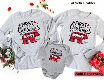 Personalized First Christmas Family Long Sleeve Shirts, Buffalo Plaid Bear Matching Mommy Daddy Tee, Baby First Christmas long sleeve