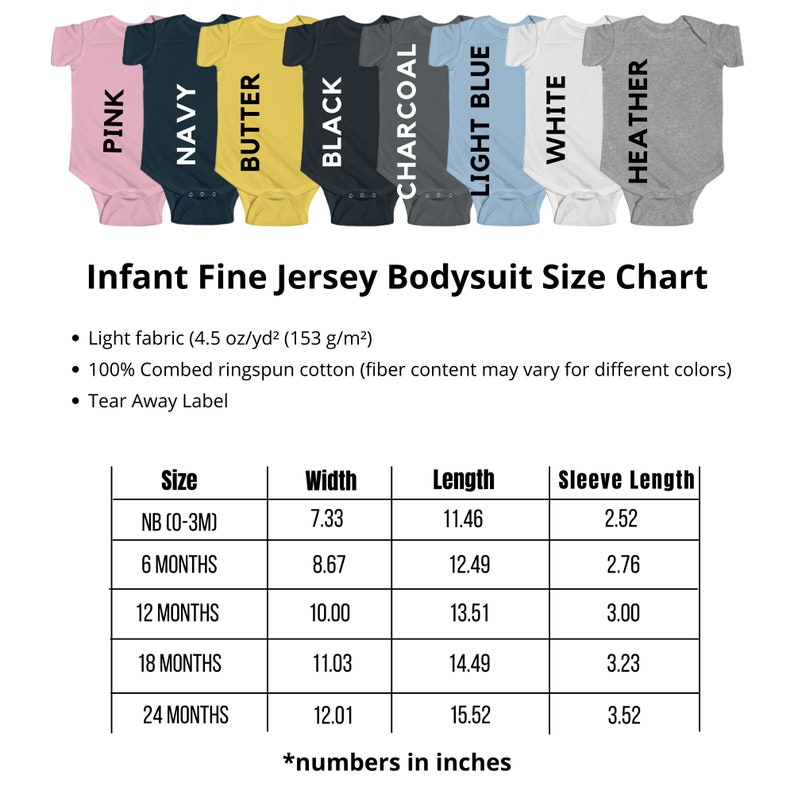 Op de afbeelding: Maattabel voor baby-rompers met maten in inches voor de maten NB (0-3M), 6 maanden, 12 maanden, 18 maanden en 24 maanden. De tabel toont de maten voor breedte, lengte en mouwlengte.