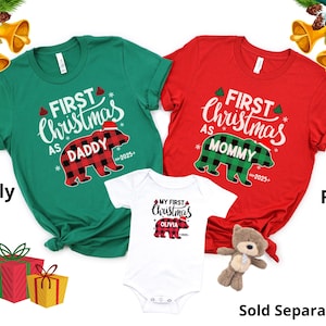 Personalized Bear First Christmas Family Shirts, Buffalo Plaid Bear Matching First Christmas Shirts, First Christmas as Dad Mom Baby Shirt