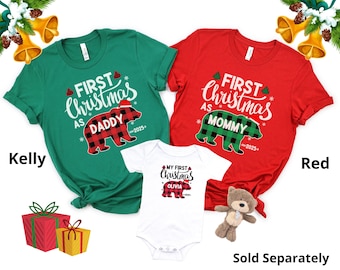 Personalized Bear First Christmas Family Shirts, Buffalo Plaid Bear Matching First Christmas Shirts, First Christmas as Dad Mom Baby Shirt