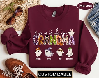 Personalized Grandma Halloween Sweatshirt with Grandkids name, Spooky Grandma Sweatshirt, Ghost Grandma Sweatshirt, Grandma Halloween Gift