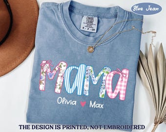 Comfort Colors® Personalized Floral Mama Shirt with Kids name, Custom Coquette Bow Mom Mother's Day Shirt