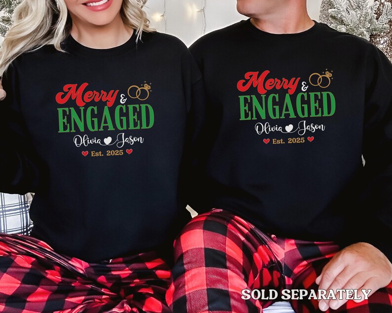 Personalized Merry and Engaged Sweatshirt, New Engaged Christmas sweatshirt, Christmas Gift For Newly Engaged Couple, Gift For Fiancee image 3