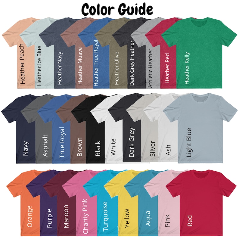 Puede incluir: Gu&iacute;a de colores para camisetas que muestra 28 colores diferentes, incluyendo Melocot&oacute;n jaspeado, Azul hielo jaspeado, Azul marino jaspeado, Malva jaspeado, Azul real jaspeado, Oliva jaspeado, Gris oscuro jaspeado, Atl&eacute;tico jaspeado, Rojo jaspeado, Kelly jaspeado, Azul marino, Asfalto, Azul real, Marr&oacute;n, Negro, Blanco, Gris oscuro, Plata, Ceniza, Azul claro, Naranja, Morado, Granate, Rosa caridad, Turquesa, Amarillo, Aqua, Rosa y Rojo.