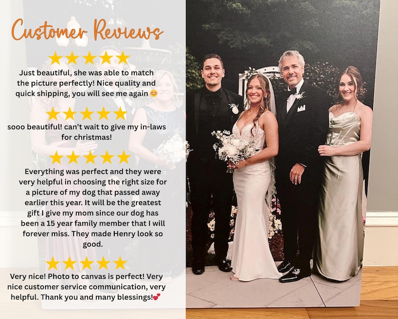 Puede incluir: Un lienzo impreso que muestra una fiesta de bodas. La imagen muestra a una novia con un vestido blanco, un novio con un esmoquin y otras dos personas. El lienzo tambi&eacute;n incluye rese&ntilde;as de clientes con calificaciones por estrellas.