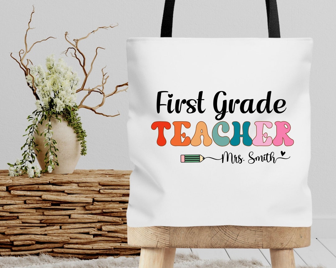 Personalized First Grade Teacher Tote Bag, Custom Name Retro Teacher ...