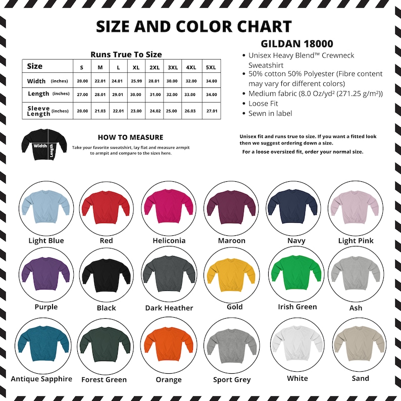 May include: Size and colour chart for Gildan 18000 unisex heavy blend crewneck sweatshirts. Includes measurements in inches for sizes S to 5XL. Features a colour palette with options like light blue, red, black, and gold. The chart also provides instructions on how to measure.