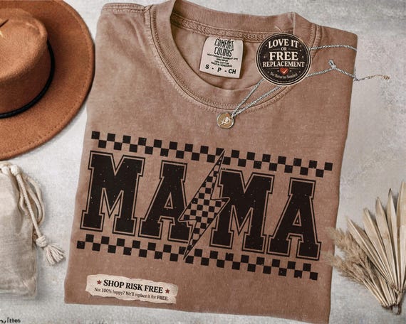 Comfort Colors® Retro Mama Lightening Bolt Shirt, Varsity Mama Shirt, Mother's Day Gift, Gift for Mama, Retro 90s Checkered Mom Shirt