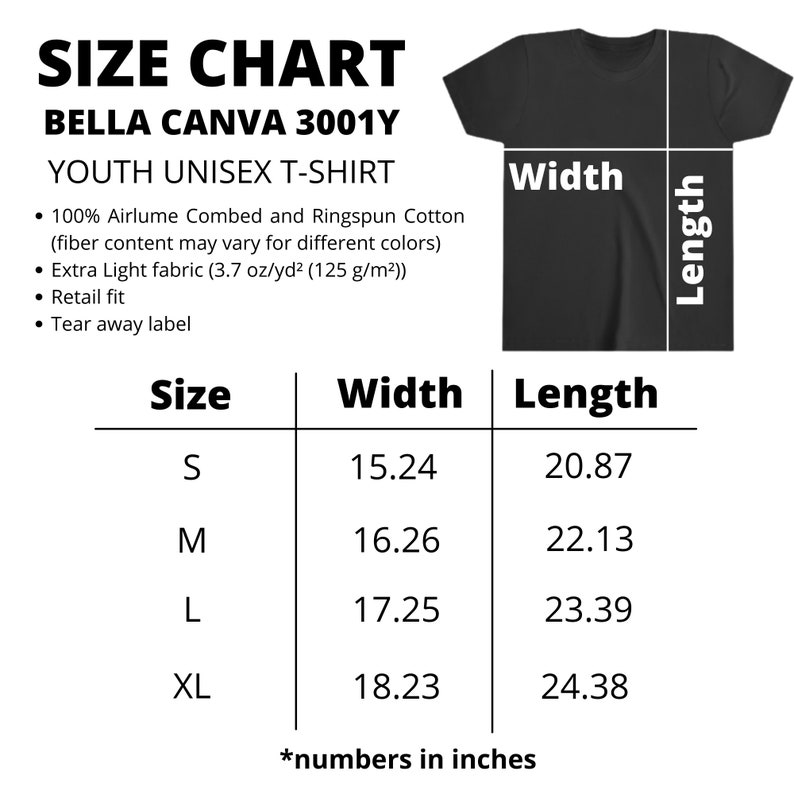 May include: Size chart for a Bella Canva 3001Y youth unisex t-shirt. The chart shows sizes S, M, L, and XL with corresponding width and length measurements in inches.