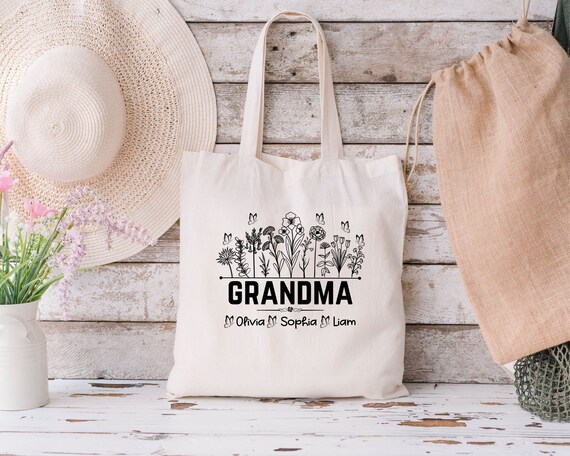 Personalized Grandma Tote Bag with Grandkids Name, Wildflowers Grandma Tote Bag, Grandma Floral Tote, Mothers Day Tote, Gift for Grandma