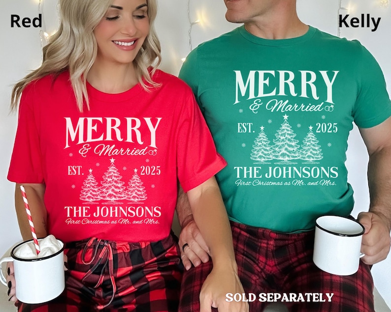 Personalized Merry and Married Shirt, Newly Married Couple Christmas Matching Long sleeve Shirt, First Christmas Gift for Married Couple image 1