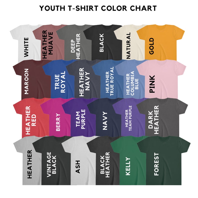 Op de afbeelding: Kleurenkaart met 20 verschillende T-shirt kleuren voor kinderen. De kleuren omvatten wit, heide rood, donkerrood, heide mauve, bes, koninklijk blauw, team paars, heide marine, zwart, heide zwart, marine, heide koninklijk blauw, heide team paars, heide columbia blauw, naturel, bos, donker heide, roze, goud en as.
