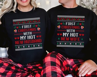 Christmas Couple Sweatshirt First Christmas With My Hot New Husband Sweatshirt Newlywed Christmas Sweatshirt Ugly Christmas Sweater Etsy