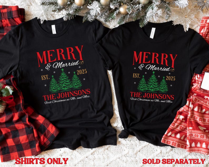 Personalized Merry and Married Shirt, Newly Married Couple Christmas Matching Long sleeve Shirt, First Christmas Gift for Married Couple image 2