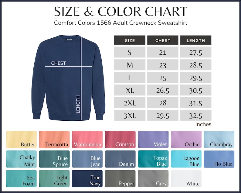 K&ouml;nnte beinhalten: Gr&ouml;&szlig;en- und Farbtabelle f&uuml;r ein Comfort Colors 1566 Crewneck-Sweatshirt f&uuml;r Erwachsene. Die Tabelle enth&auml;lt Brust- und L&auml;ngenma&szlig;e in Zoll f&uuml;r die Gr&ouml;&szlig;en S bis 3XL. Farbmuster umfassen Butter, Terrakotta und Marineblau.
