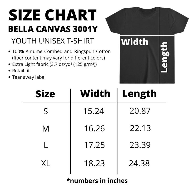 Op de afbeelding: Maattabel voor Bella Canvas 3001Y unisex T-shirt voor kinderen, met breedte- en lengtemaat in inches voor maten S, M, L en XL. De stof is 100% Airlume gekamd en ringgesponnen katoen, extra lichtgewicht.