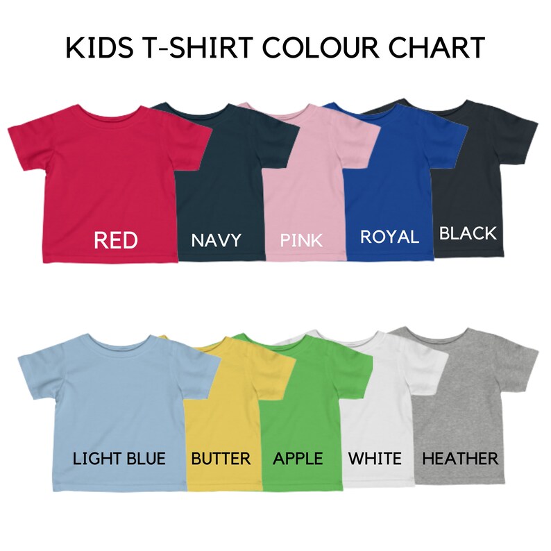 Op de afbeelding: Kleurenkaart voor kinder T-shirts met 10 verschillende kleuren: rood, marineblauw, roze, koninklijk blauw, zwart, lichtblauw, botergeel, appelgroen, wit en grijs melange.